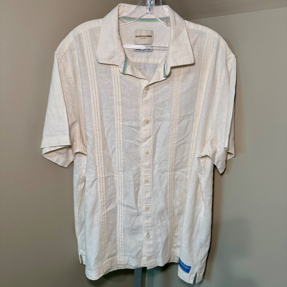 Scotch & Soda Mens XL Linen Blend Guayabera Camp Shirt Cream Short Sleeve